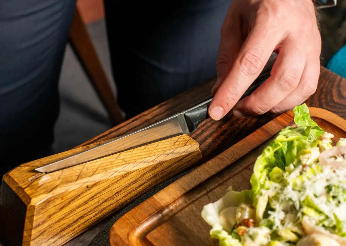 Steak knife in a holder at Larder